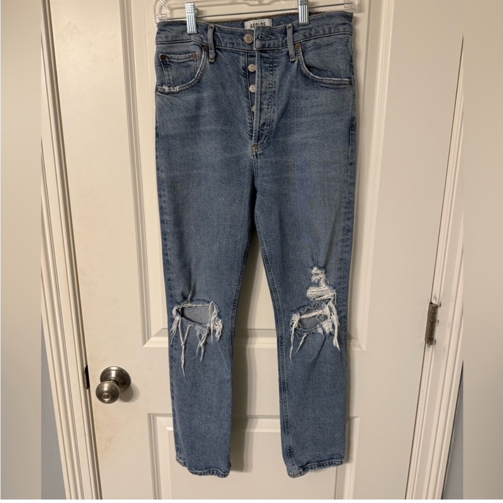 AGOLDE Riley 90s High Rise Straight Crop Distressed Button Fly Jeans size 27 EUC - Picture 3 of 5